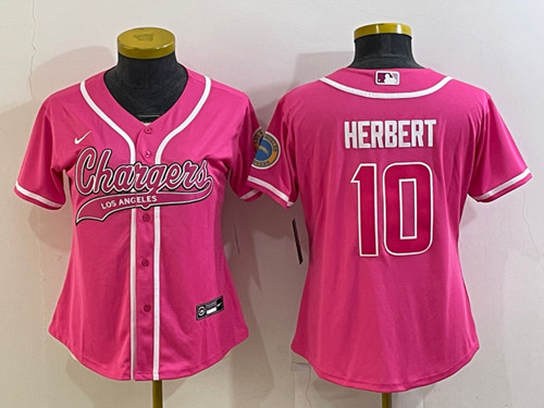 Women's Los Angeles Chargers #10 Justin Herbert Pink With Patch Cool Base Stitched Baseball Jersey(Run Small)